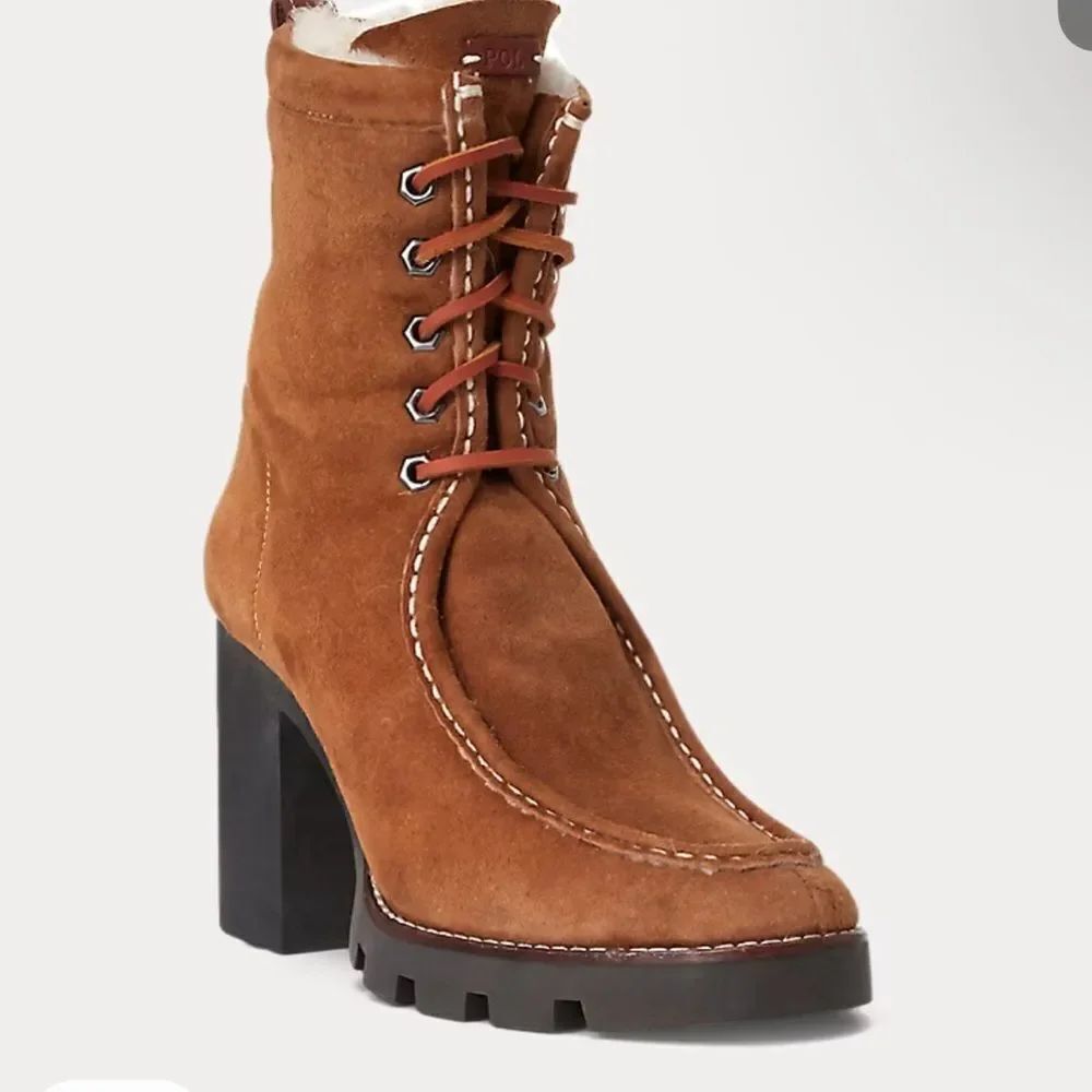RALPH LAUREN SCHULYER SHEARLING LACE UP BLOCK HEELED BOOT
